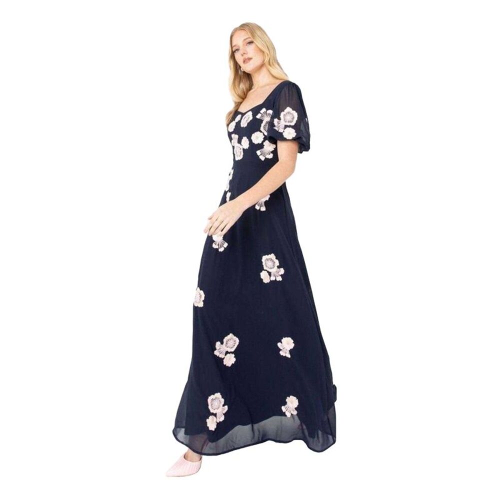 Maya Deluxe Womens/Ladies Floral Embroidery Puff Sleeve Maxi Dress / Navy